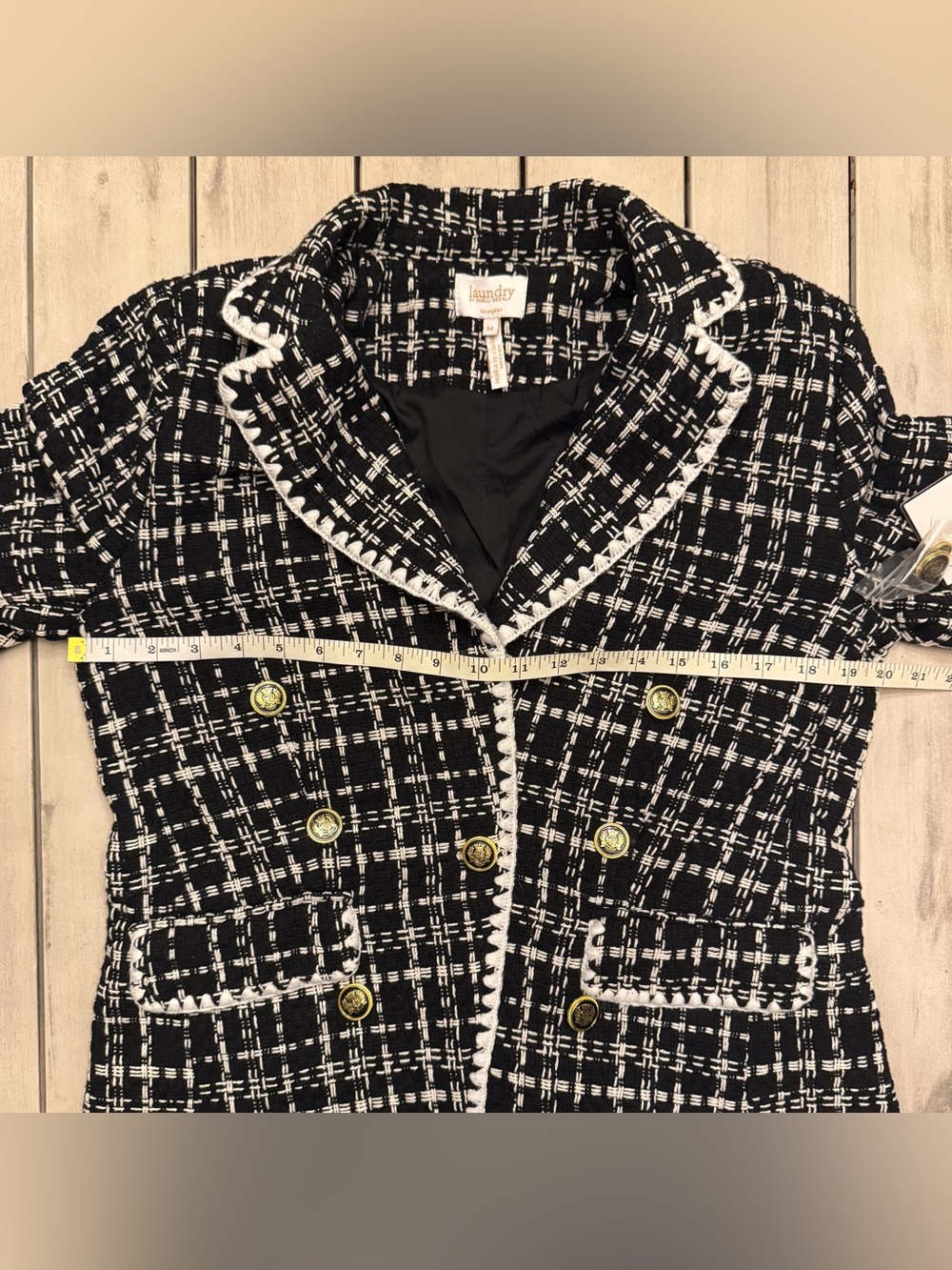 Laundry Shelli Segal Black White Plaid Tweed Blazer Jacket Blanket Stitch Med - Picture 3 of 11
